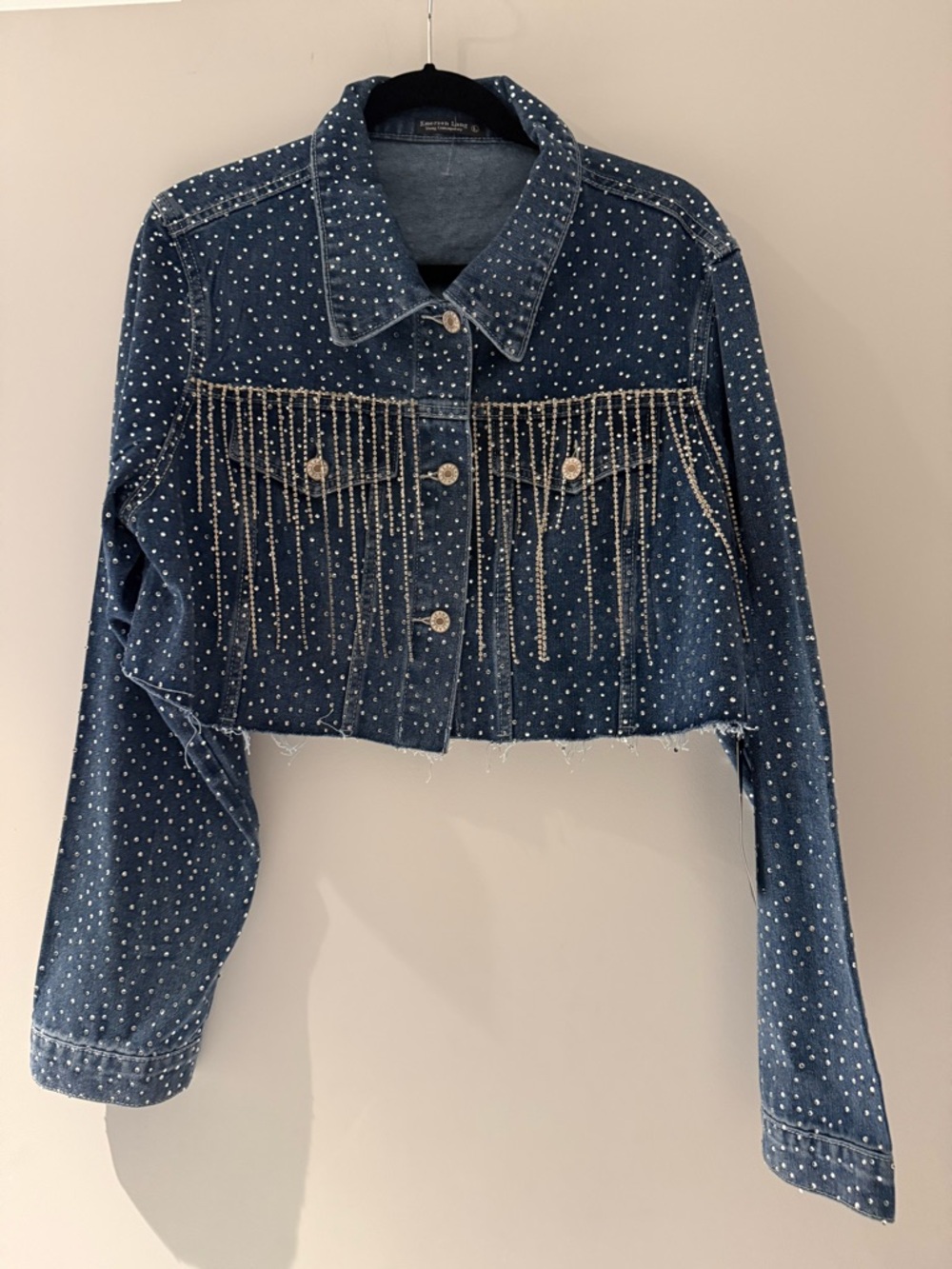 Embellished Cropped Denim Jacket - Dark Blue Rhinestone Fringe